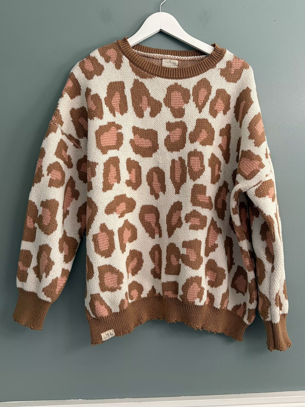 Simply Southern Distressed Leopard Knit Pullover Sweater Tan Pink Brown XL